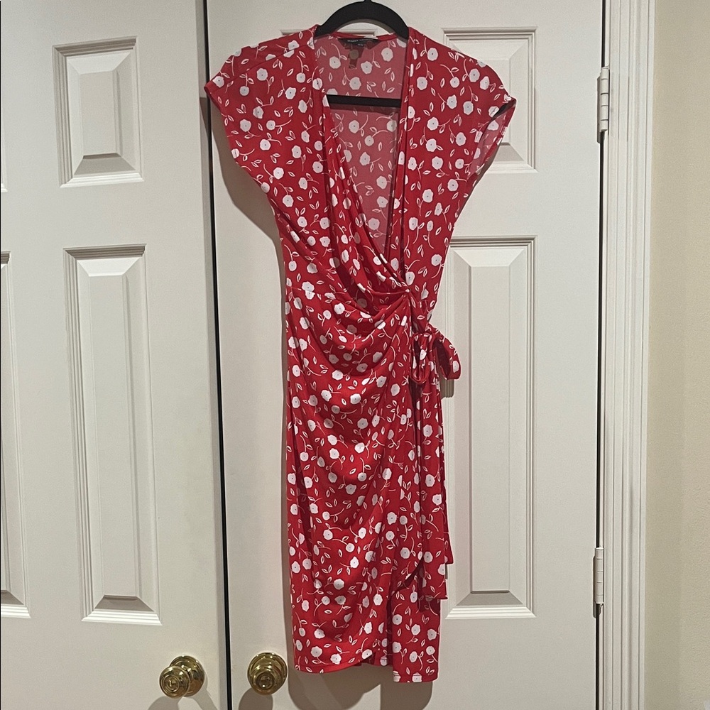 Maggy London Red Floral Midi Wrap Dress with Draped Waist